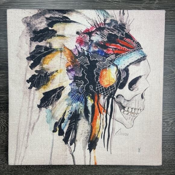 Watercolor Skull With Indian Headdress Textured 16x16 Wrapped Frame Native - Picture 1 of 7